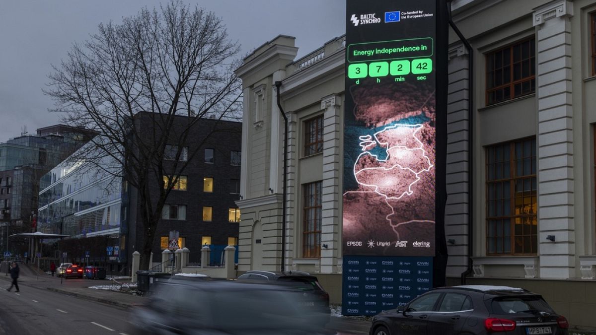 Screen indicates that on February 8 the Baltic States will disconnect from the Russian electricity grid in Vilnius, Lithuania, Tuesday, Feb. 4, 2025.