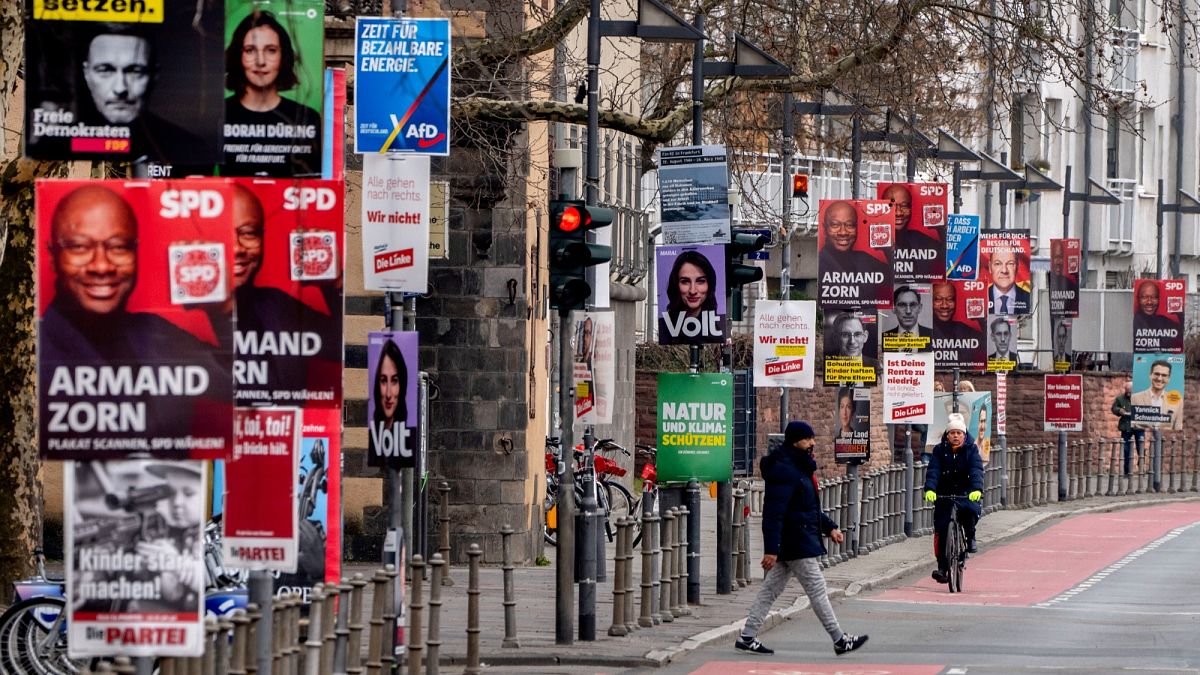 Election posters of various parties are fixed at lamp poles in central Frankfurt, 19 February 2025