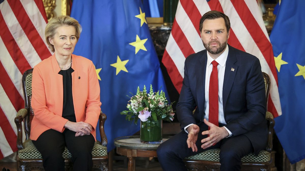 United States Vice-President JD Vance, right, meets with European Commission President Ursula von der Leyen, in Paris on Feb. 11, 2025.