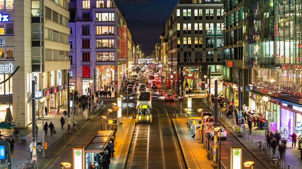 Aerial view of Friedrichstrasse, a major shopping street in central Berlin, Germany.