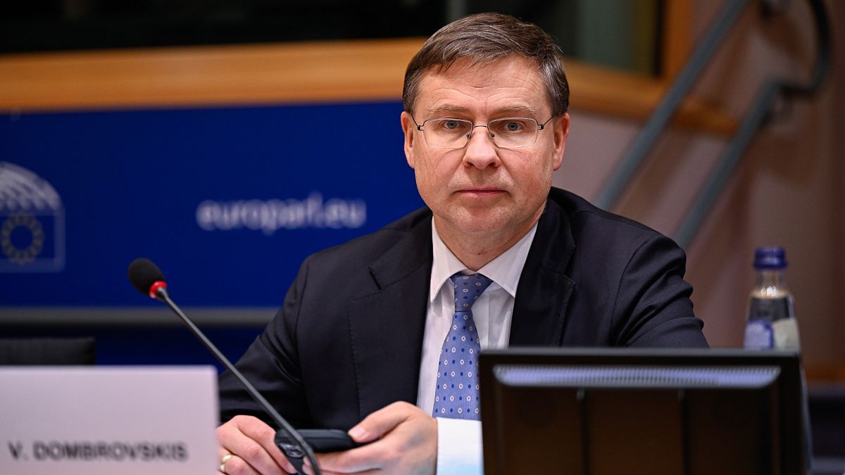 Economy commissioner Valdis Dombrovskis in addresses MEPs in the European Parliament, 28 January 2025