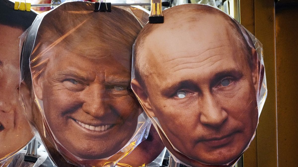 Face masks depicting Donald Trump and Vladimir Putin for sale at a street souvenir shop in St. Petersburg, 20 January, 2025