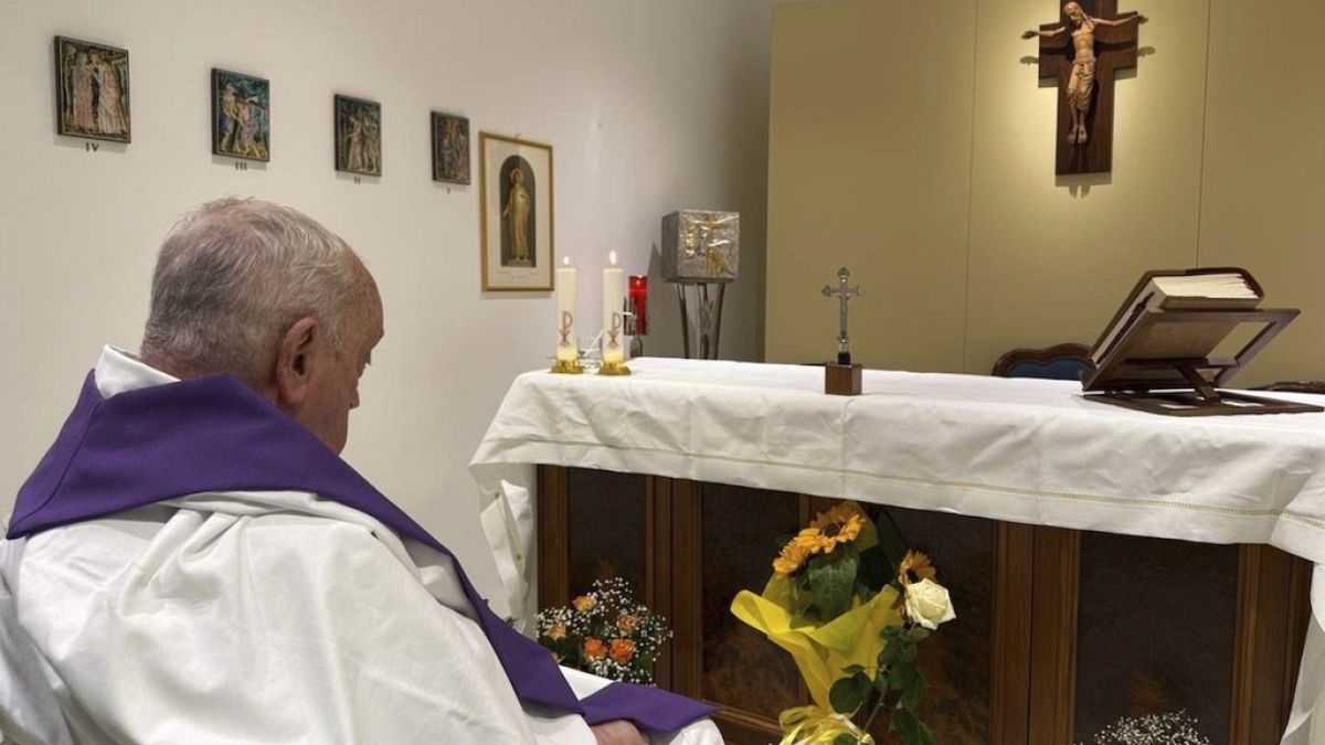 In this picture released by the Vatican Press Hall Pope Francis celebrates a mass inside the chapel of the Agostino Gemelli polyclinic in Rome, Sunday, March 16, 2025