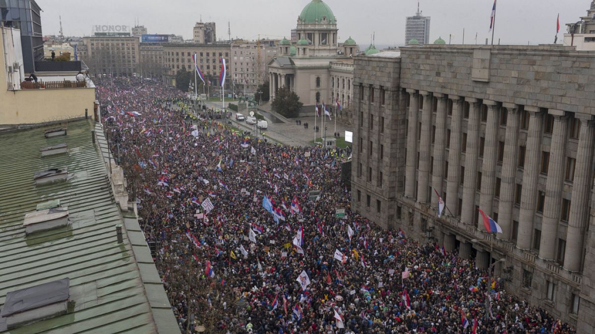 Tens of thousands gather in front of the Serbian parliament during a major anti-corruption rally led by university students in Belgrade, Serbia, Saturday, March 15, 2025