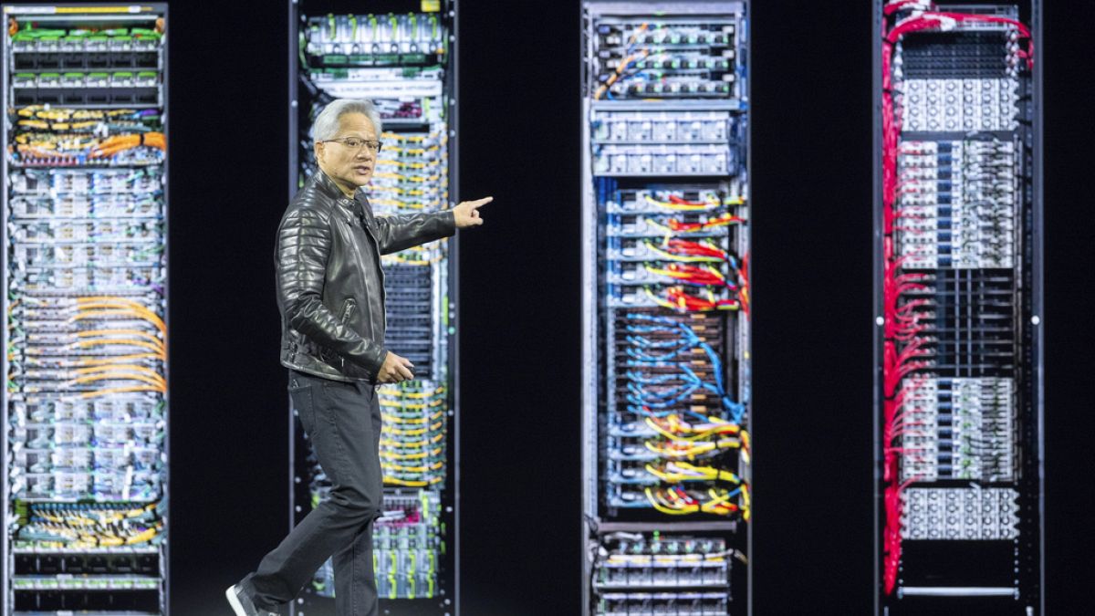 CEO Jensen Huang talks during the keynote address of Nvidia GTC Tuesday, March 18, 2025, in San Jose, Calif.