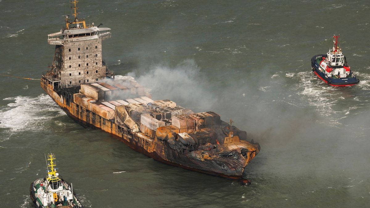 Smoke billows from the MV Solong cargo ship in the North Sea, off the Yorkshire coast, Tuesday, March 11, 2025.
