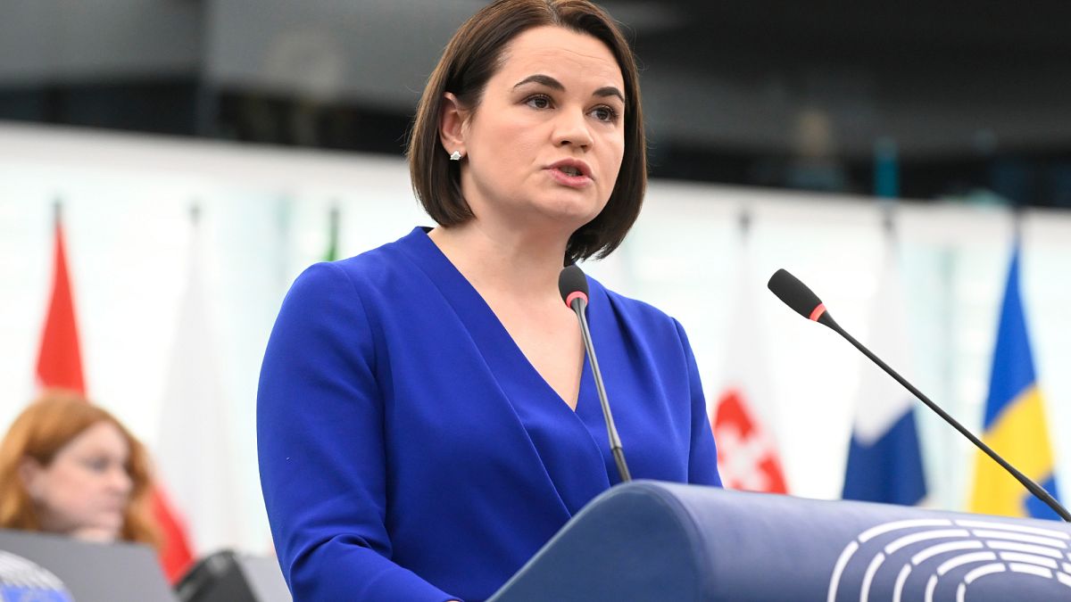 Belarusian opposition leader Sviatlana Tsikhanouskaya delivers her speech at the European Parliament Tuesday, March 11, 2025 in Strasbourg, eastern France.