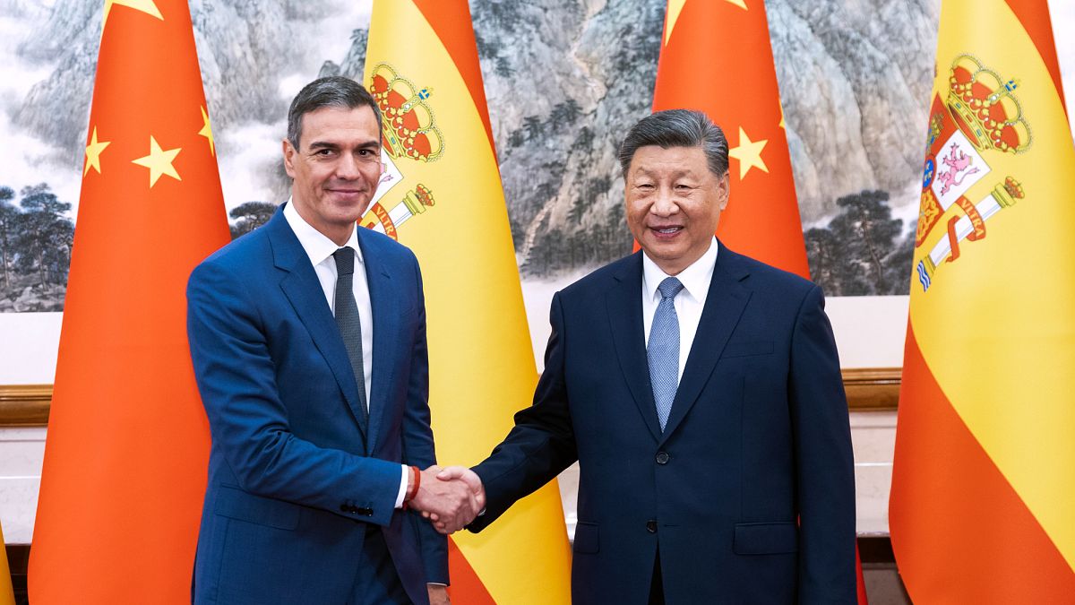 Spanish Prime Minister Pedro Sanchez meets with Chinese President Xi Jinping at the Diaoyutai State Guesthouse in Beijing, 9 September, 2024