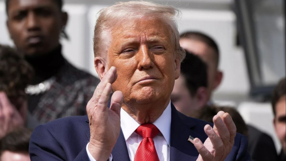 President Donald Trump welcomes the 2025 College Football National Champions, the Ohio State University football team, during an event oin the White House on April 14, 2025.