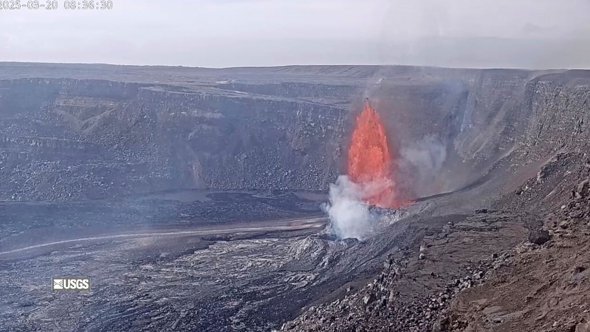Lava fountains shoot up during the March 20, 2025 episode in the ongoing eruption of Kilauea.