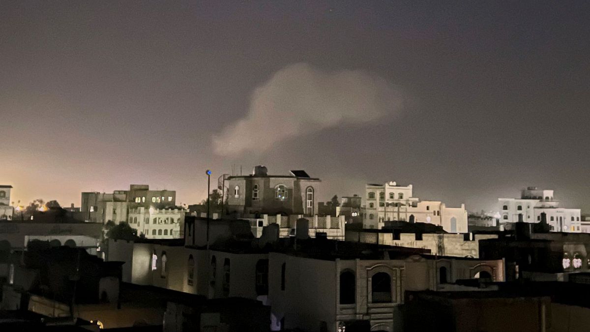 Smoke rises from a location reportedly struck by U.S. airstrikes in Sanaa, Yemen.