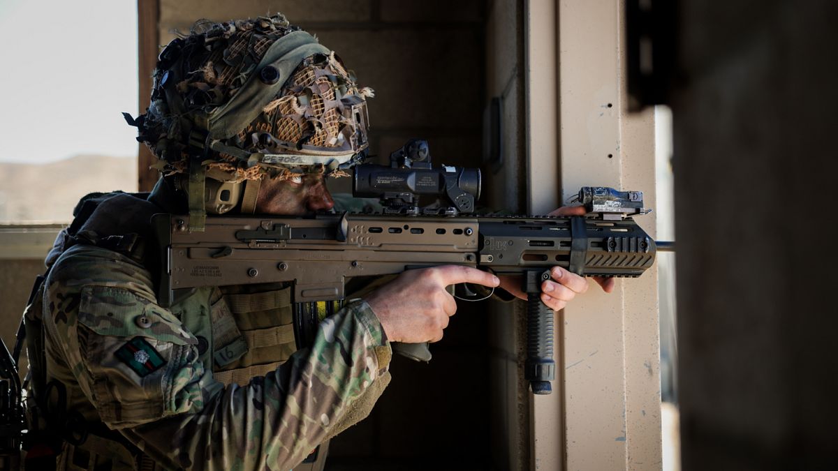 A soldier from the 2nd Battalion of the Royal Yorkshire Regiment looking out for further enemy run depth while defending the prison in Razish Village, 17 March 2025.
