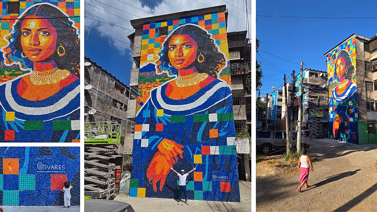 Mehr als 100.000 Plastikdeckel vervollständigen das höchste recycelte Wandgemälde der Welt in El Salvador