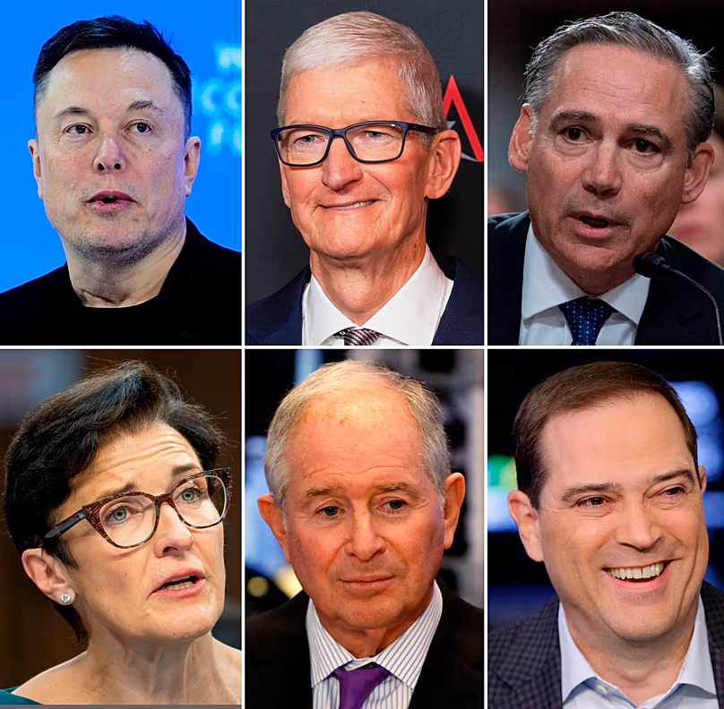 Fotokombination mit Elon Musk, Tim Cook, Kelly Ortberg, Jane Fraser, Stephen Schwarzman und Chuck Robbins. Einige der Unternehmensführer begleiten Trump auf seiner Reise nach China.