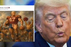 Das „Ölgemälde“-Fußballbild von Trump verbreitet sich viral und sorgt für Witze über den Pride Month