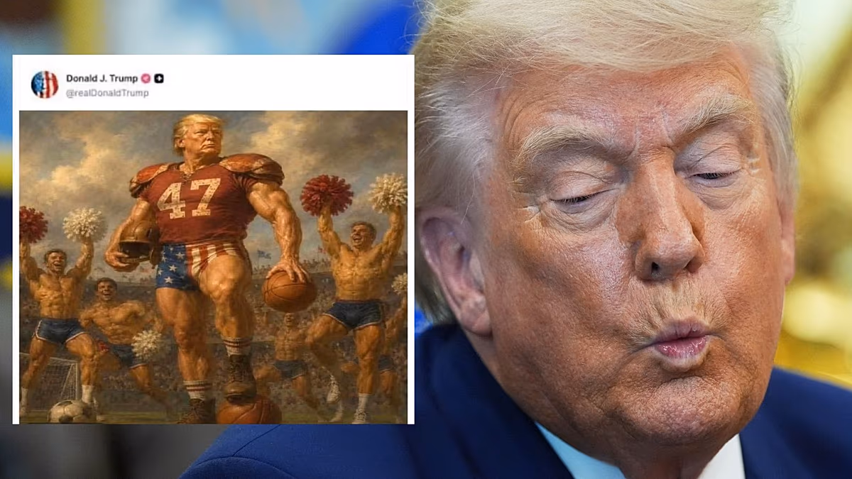 Das „Ölgemälde“-Fußballbild von Trump verbreitet sich viral und sorgt für Witze über den Pride Month