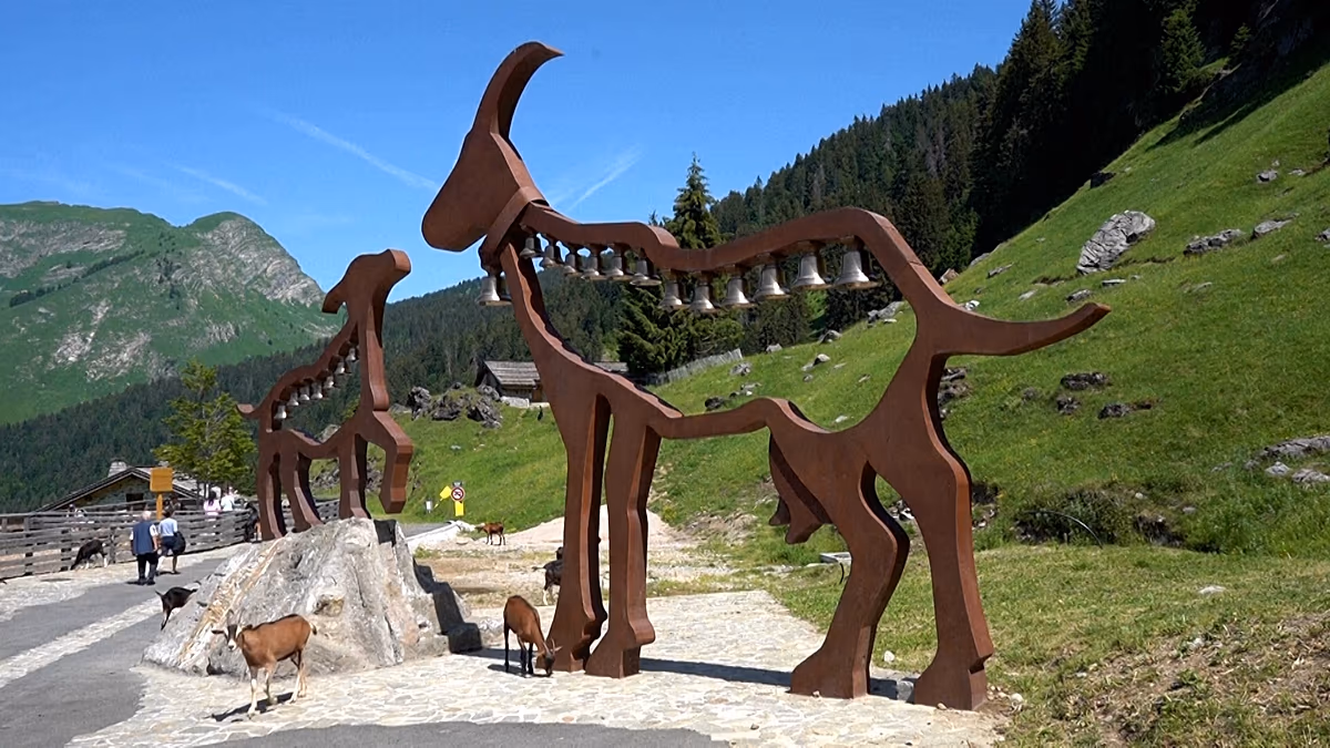 Ziegen laufen frei in diesem französischen Alpendorf umher. Les Lindarets in den französischen Alpen ist dafür bekannt, dass Ziegen frei durch die Straßen streifen und Besucher anziehen, die die Tiere füttern und mit ihnen interagieren. 07.07.2026