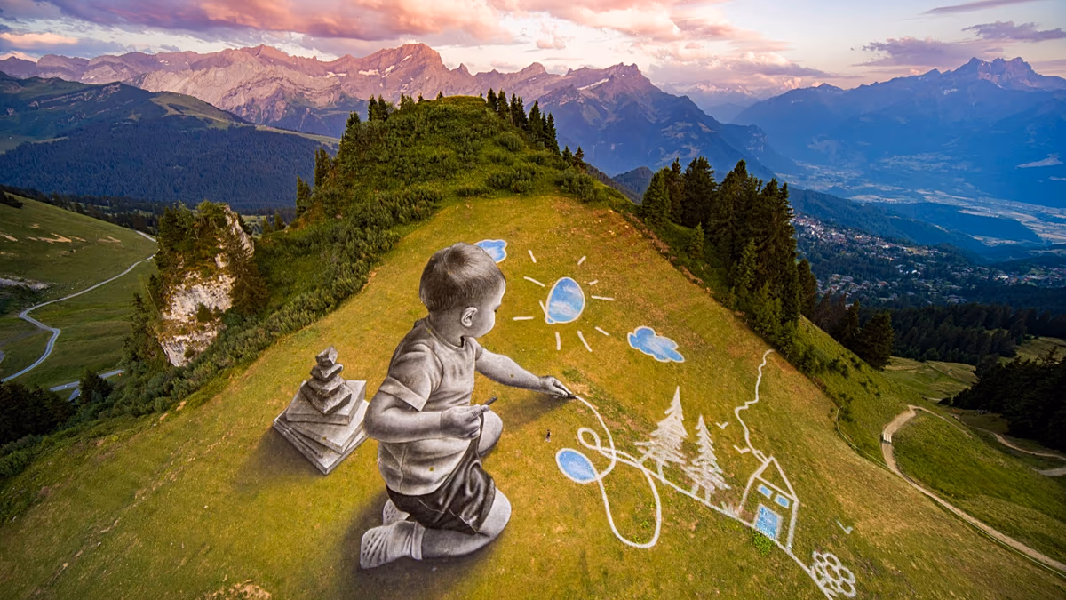 Ein Kinderspiel: Die riesigen vergänglichen Fresken des französischen Künstlers Saype erobern das Schweizer Alpenresort