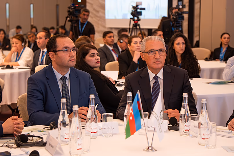 Majnun Mammadov, Landwirtschaftsminister Aserbaidschans und Mukhtar Babayev, Vertreter des Präsidenten der Republik Aserbaidschan für Klimafragen, COP29-Präsident