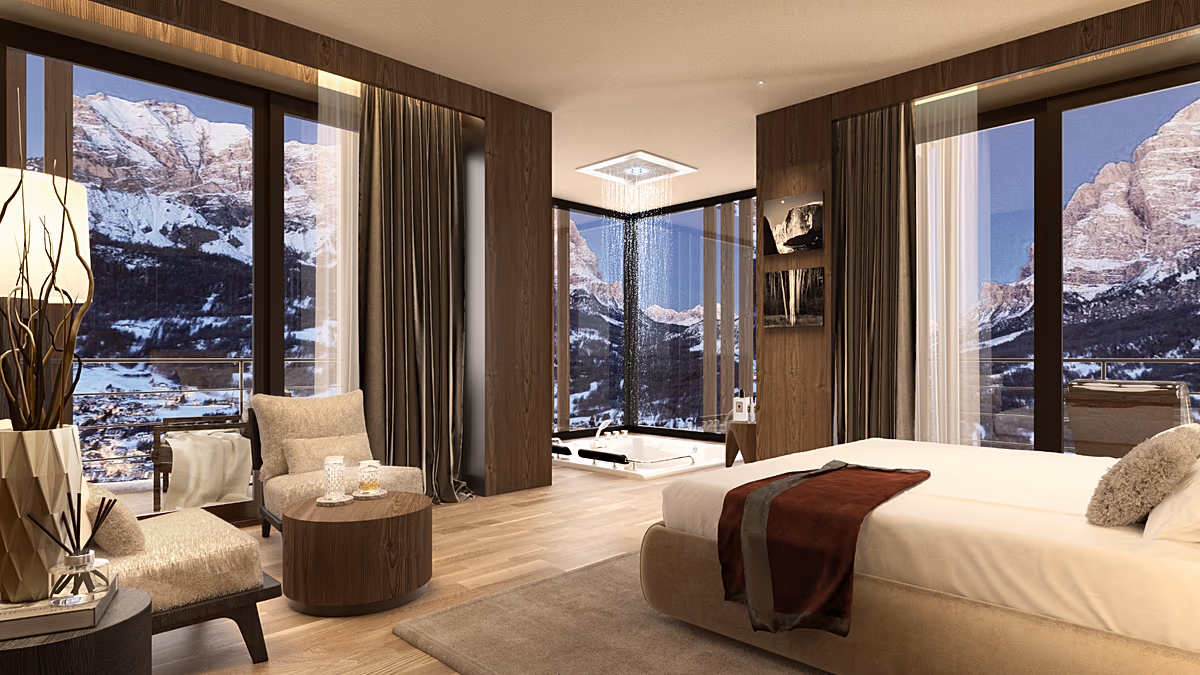 Jedes Zimmer in diesem bald eröffneten Luxushotel bietet eine unglaubliche Aussicht auf die Dolomiten