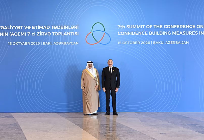Bahrain's Foreign Minister Dr Abdullatif bin Rashid Al Zayani and Ilham Aliyev, President of Azerbaijan, during CICA Summit in Baku, Azerbaijan